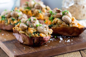 Garlic Mushroom Stuffed Sweet Potato 