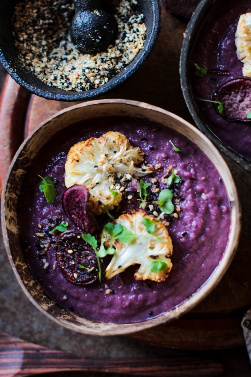 Roast Purple Sweet Potato & Cauliflower Soup