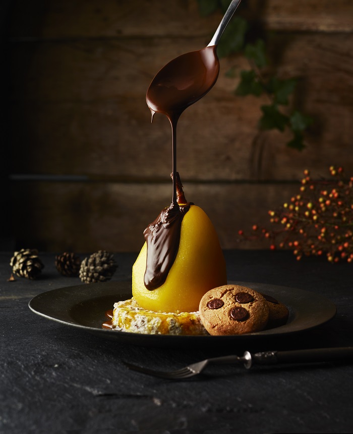 Poached Pears and Walnut Ricotta served with German Biscuits and chocolate sauce