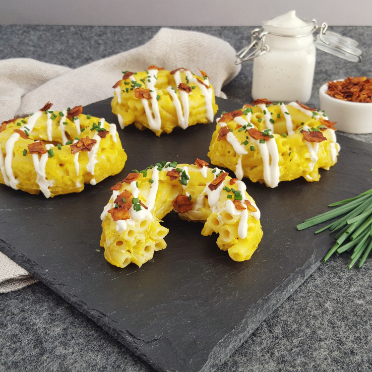 Mac & Cheese Doughnuts with Cashew Garlic Sauce and Crispy Coconut Bacon