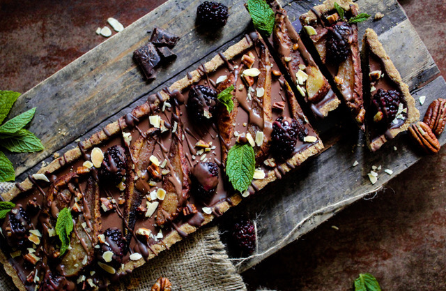Grilled Pear & Blackberry Chocolate Tart