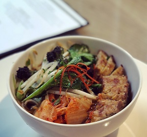 Roasted Mushroom Broth with Kimchi and Tempeh.