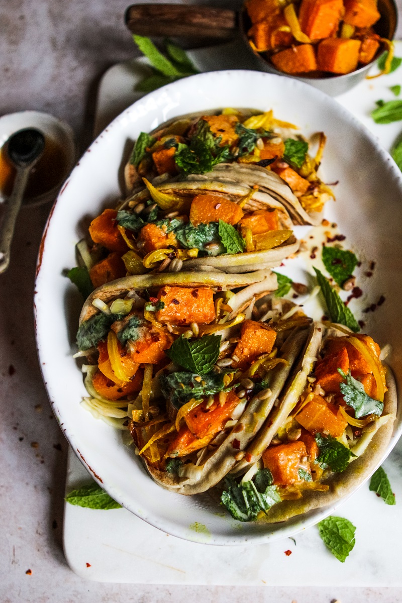 Spiced Roast Squash Tacos with Slaw 