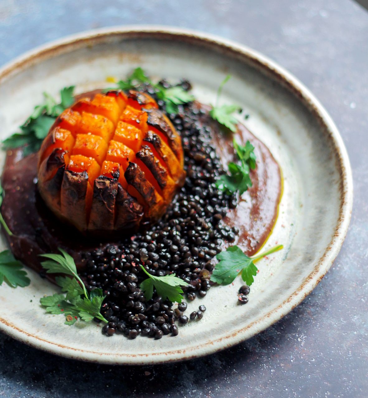 HASSELBACK SWEDE WITH BLACK LENTILS & RED WINE SAUCE